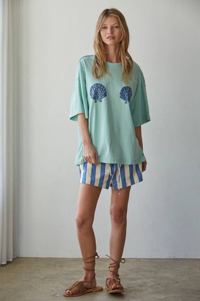 Knit Cotton Graphic Shell Print Crew Oversized Top: Mint