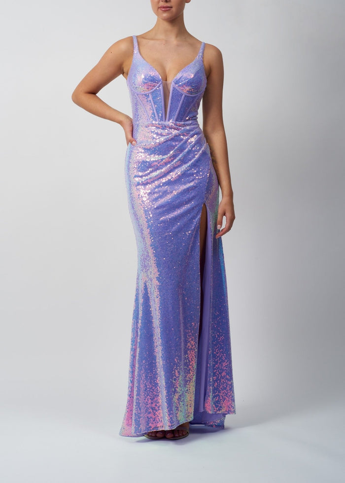 Lavender Mascara Prom Dress with purple sequin corset bodice, deep V-neckline, mesh inserts, and high leg slit for formal evening wear.