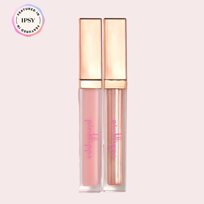Pink Lipps Lip Gloss Duo showing both tubes side-by-side: ‘Aglow’ sheer shimmer and ‘Star’ bold sparkle gloss