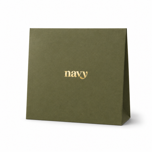 Green bag with 'navy' text on a white background