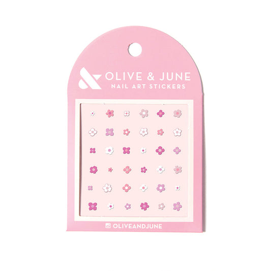 Mod Floral Stickers showing small pink flower nail art decals on pastel pink packaging for mani decoration