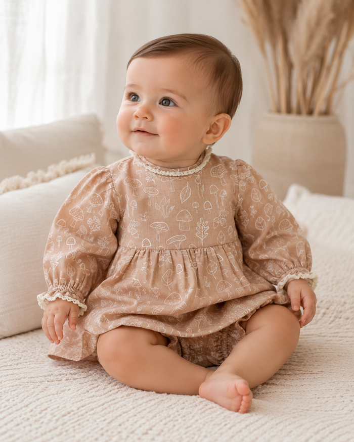 Baby Wearing Organic Muslin Mushroom Baby Dress and Bloomer by Viverano