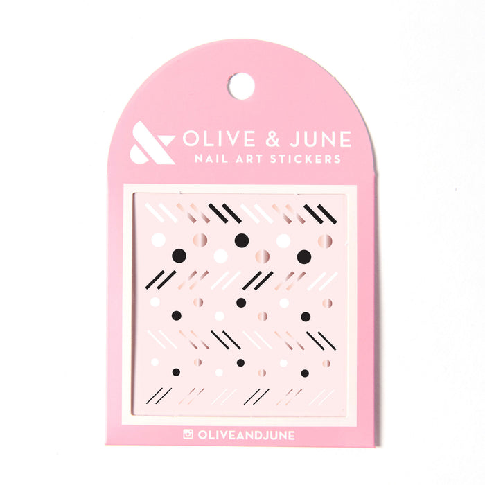 On the Dotted Line nail art stickers with white, black, and rose gold geometric dots and lines for mani designs