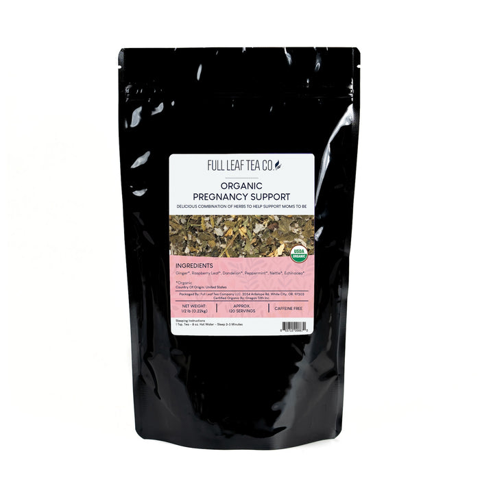 A 1/2 pound bag of Full Leaf Tea Company Organic Pregnancy Support Loose Leaf Tea.