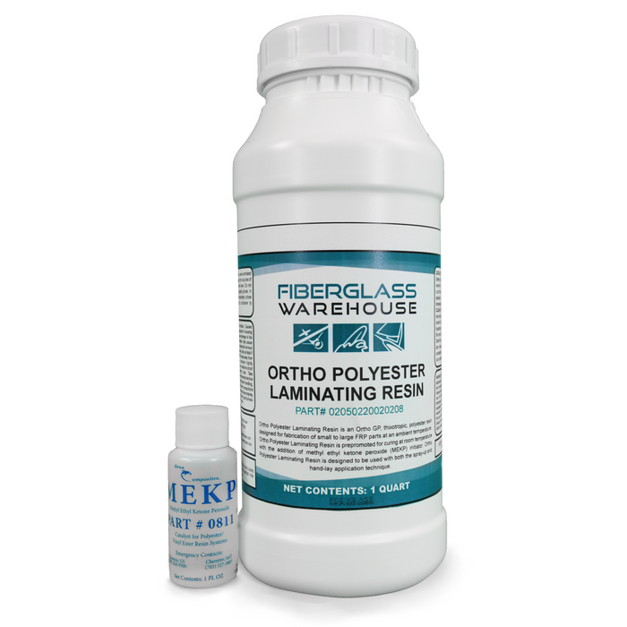 Quart of ortho polyester laminating resin sitting next to 1 ounce MEKP catalyst bottle.
