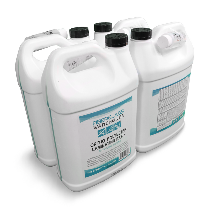 Four plastic jugs of ortho polyester laminating resin with small mekp catalyst taped to the jug handles.