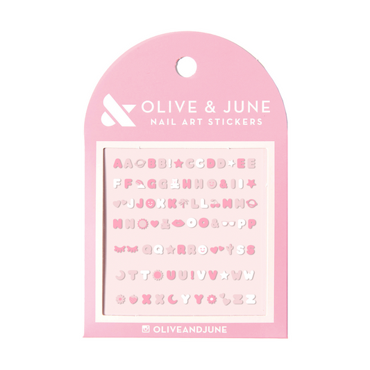 Pink Letters nail art stickers with pink and white bubble letters for expressive mani designs from Olive and June