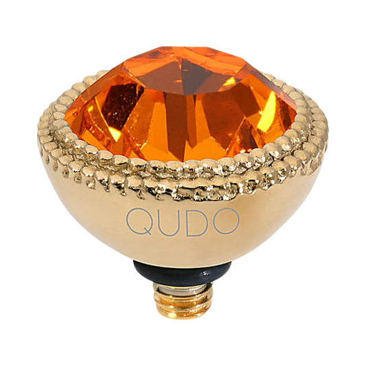 QUDO Fabero gold, QUDO interchangeable jewelry, gold crystal topper, red crystal jewelry, orange crystal jewelry, Swarovski crystal jewelry, interchangeable jewelry topper, warm tone crystal jewelry, statement jewelry, QUDO top