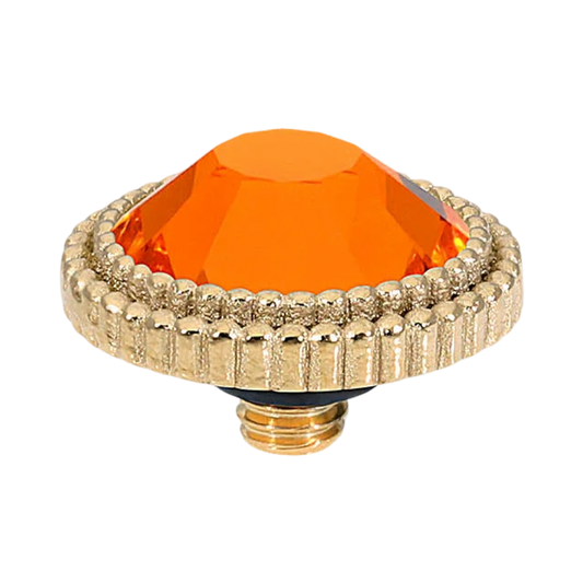 QUDO Flat Fabero gold, QUDO interchangeable jewelry, gold crystal topper, red crystal jewelry, orange crystal jewelry, flat crystal topper, Swarovski crystal jewelry, interchangeable jewelry topper, warm tone crystal jewelry, QUDO top