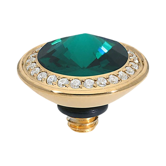 QUDO Tondo Deluxe Top 0.35, QUDO Green and Golden Collection, interchangeable jewelry, crystal topper, green crystal jewelry, golden crystal jewelry, QUDO topper, interchangeable ring topper, stackable jewelry, Swarovski crystal jewelry, luxury fashion jewelry, collectible jewelry, boutique jewelry, interchangeable bracelet topper, colorful crystal jewelry, statement jewelry, QUDO jewelry collection