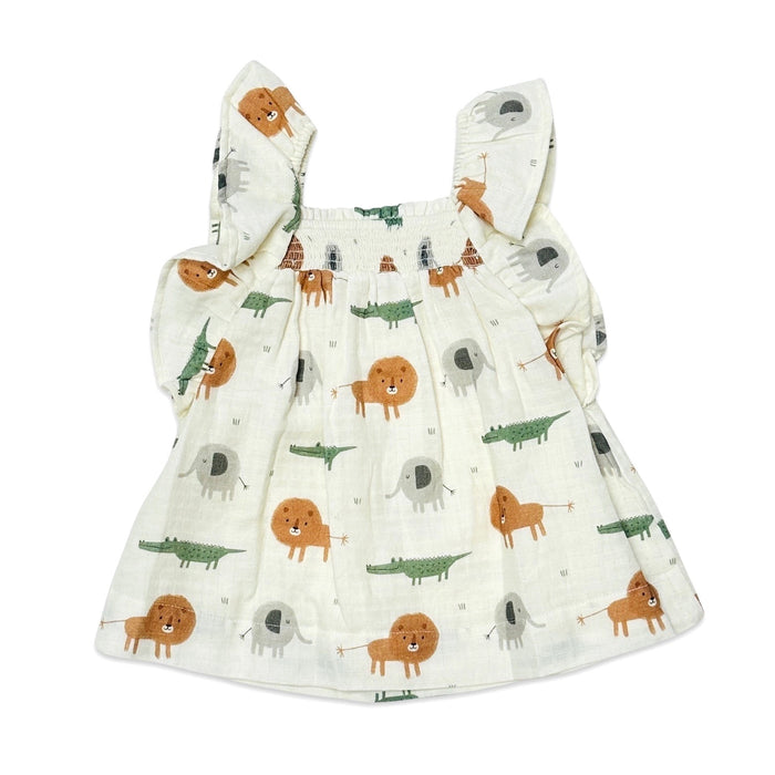 Savannah Flutter Sleeve & Smocked Baby Dress+Bloomer Set (Organic Muslin)