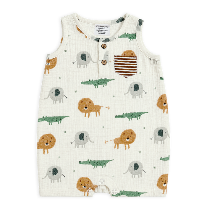 Front of Savannah Henley Baby Short Romper made of Organic Muslin