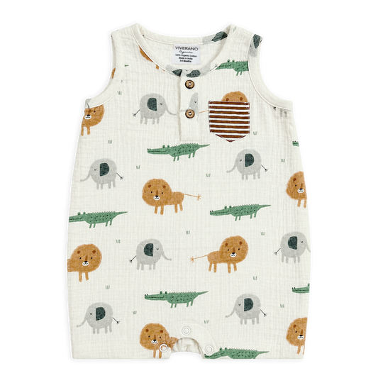 Front of Savannah Henley Baby Short Romper made of Organic Muslin