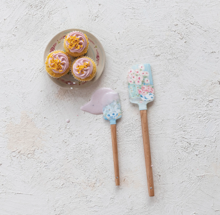 Silicone & Wood Spatulas with Floral Pattern, Set of 2