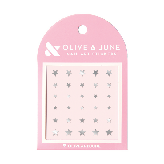 Silver Stars nail art stickers with shiny silver star designs for adding sparkle to at home manicures and gel polish looks