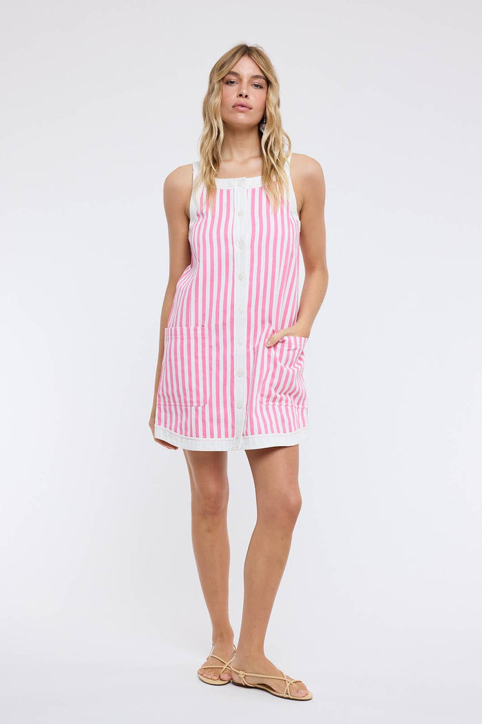 STRIPED BUTTON-UP MINI DRESS / WL25-11869: PUNCH/CREAM