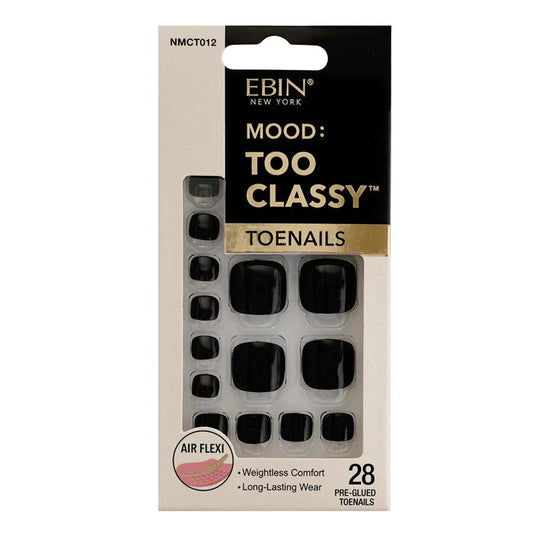 EBIN Mood Too Classy pre glued pack of 28 glossy black 3D press on toenails with weightless comfort and long lasting wear