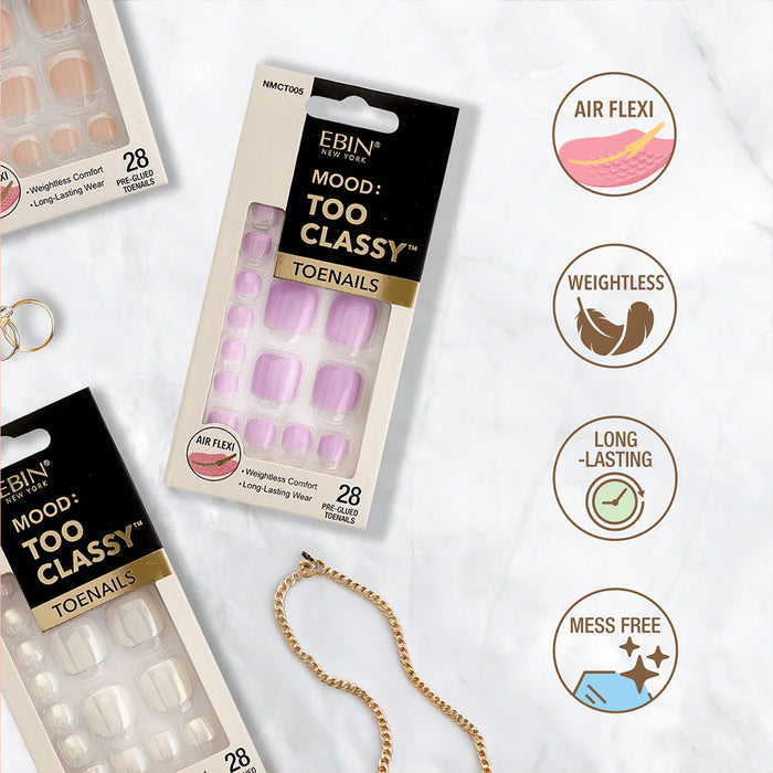 EBIN Mood Too Classy toenails packaging on marble with jewelry and product icons showing hot pink French press on toenails