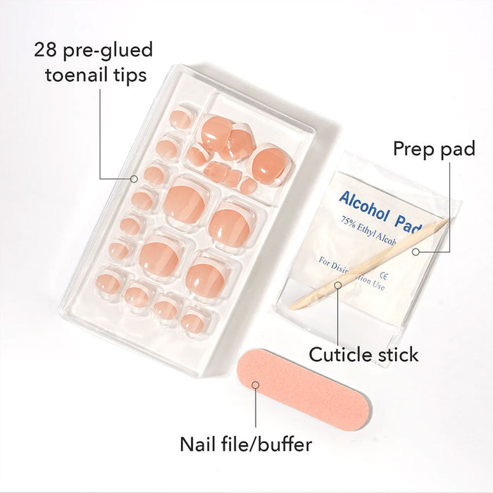 EBIN hot pink press on toenails kit with 28 pre glued toenail tips prep pad cuticle stick and nail file