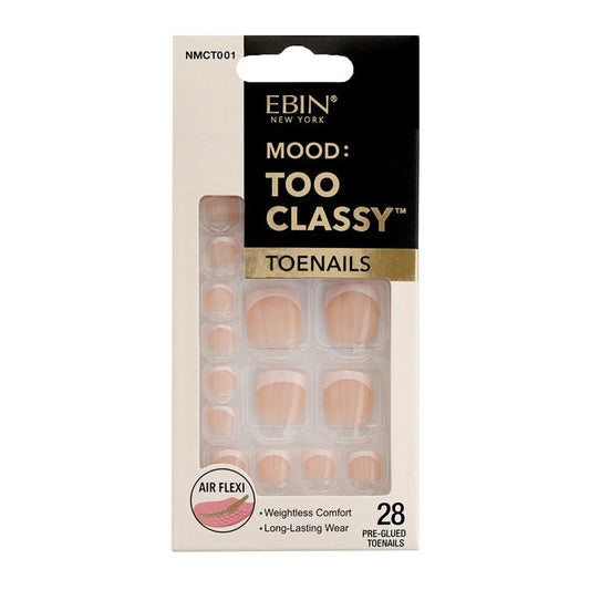 EBIN Mood Too Classy pre glued pack with 28 pieces showcasing white French press on toenails in nude peach tones