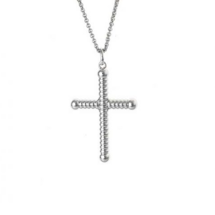 RHODIUM PLATED STERLING SILVER TWISTED CROSS ON ROLO CHAIN