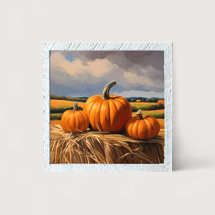 Trio of pumpkins on Hay - Framed art