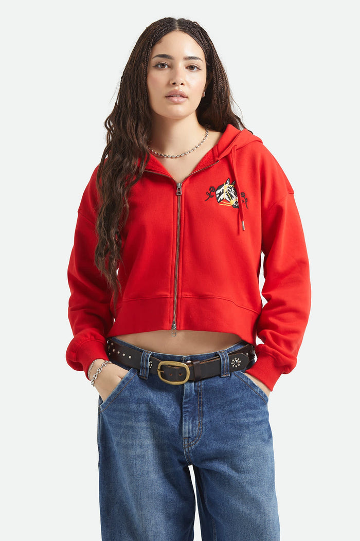 Women's Trophy Horse Cropped Zip Hood in the color Adrenaline Rush - Women's Front View