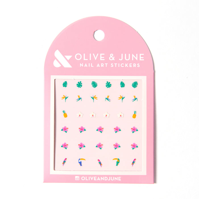 Tropical Vibes nail art stickers with colorful toucans, hibiscus flowers, and tropical leaves for manicure decoration