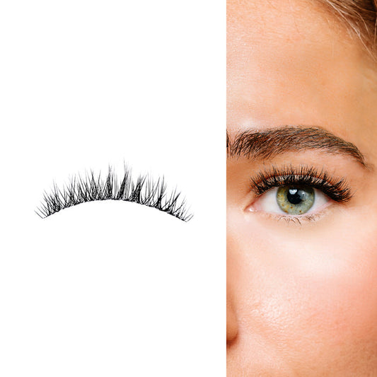 Natural volume eyelash extensions shown applied on one eye with a close-up of the individual lash strip style.