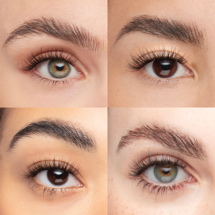Volume set of eyelash extensions shown on four eye shapes, creating a full and natural look with defined curl and length