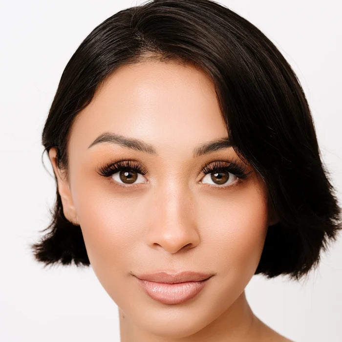 Volume wispy lashes enhance model’s eyes with full, fluttery texture and a soft, glamorous finish.