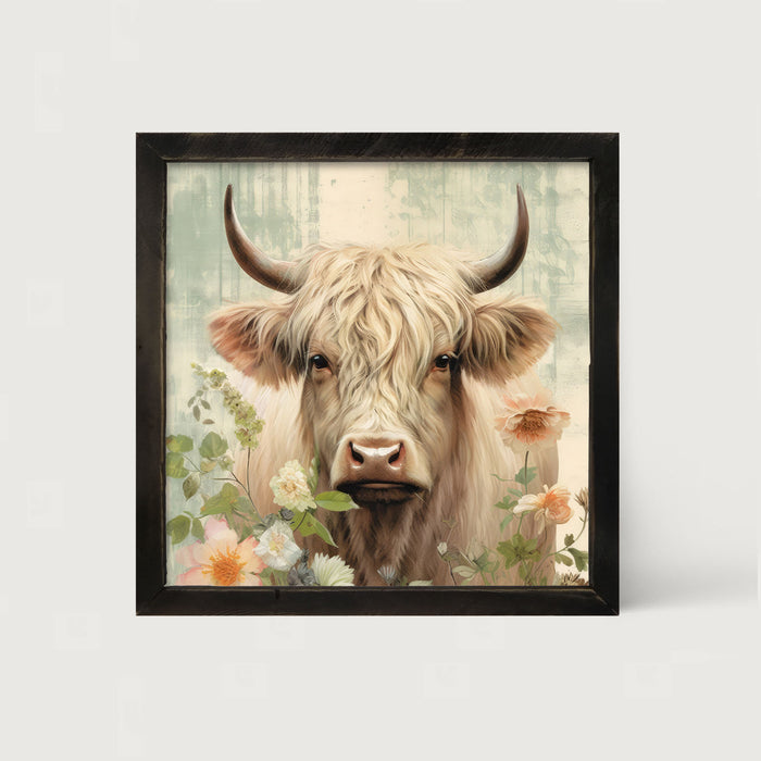 White Highland cow with flowers - Framed art