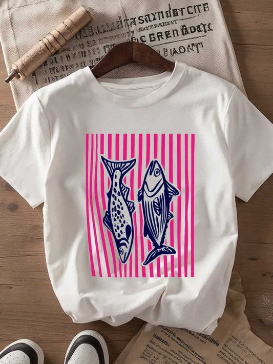 Y2k Striped & Sardines Fish Graphic Tee: White